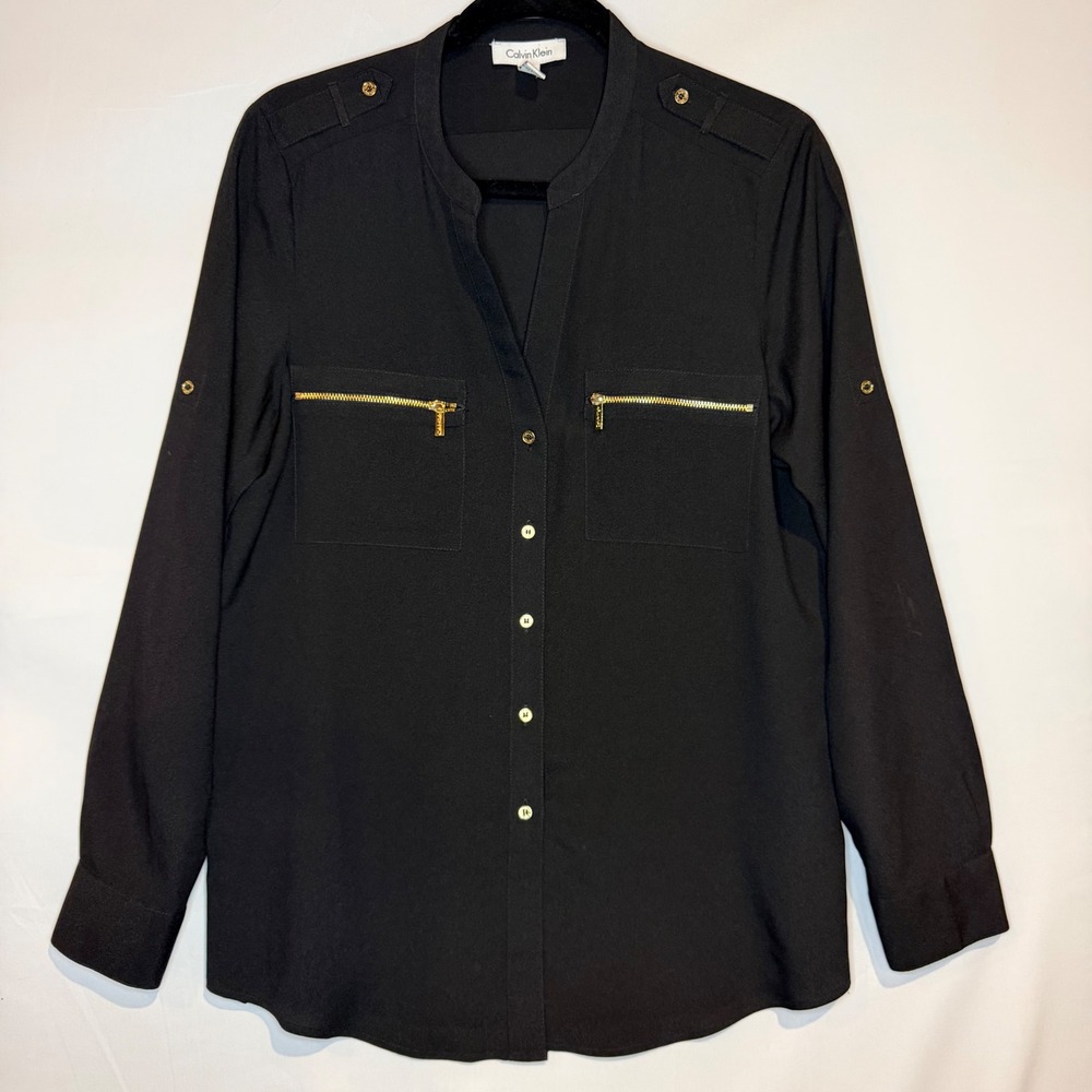 Calvin Klein Womens Black Gold Zip Pocket Roll Tab Sleeve Blouse Medium